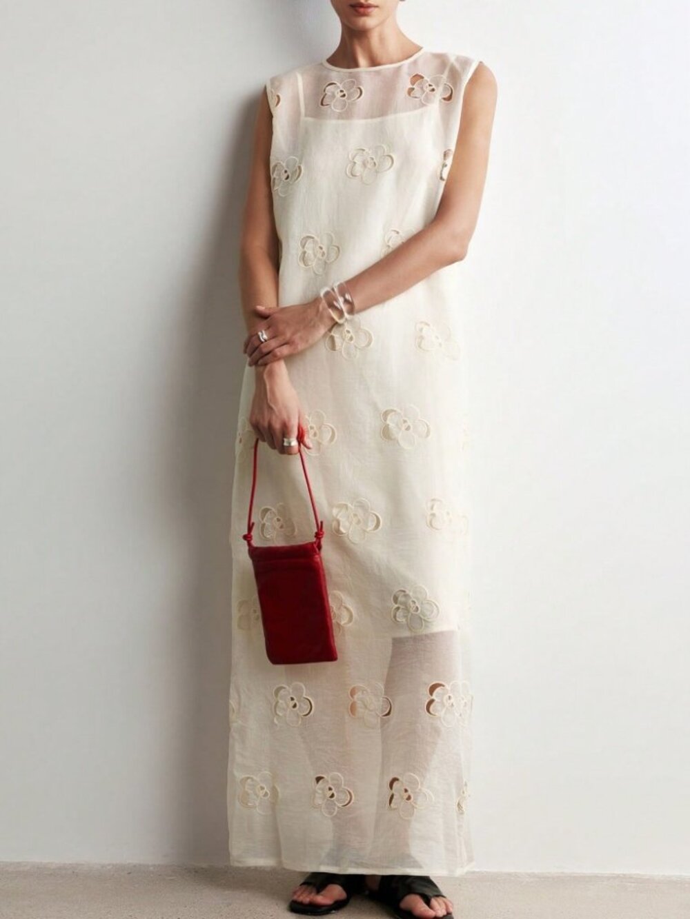 Cream Sheer Floral Cutout Sleeveless Maxi Dress